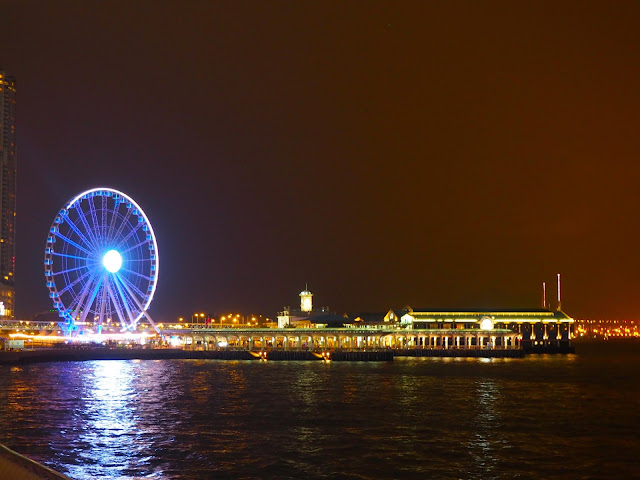 Central Piers and Observation Wheel at night, Hong Kong