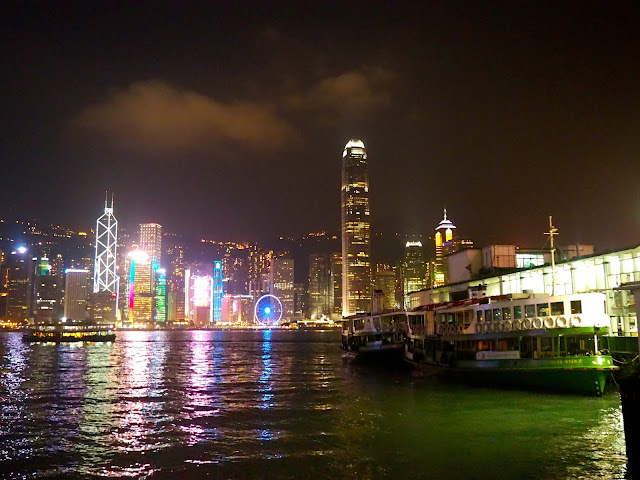 Star Ferry and Hong Kong skyline at night