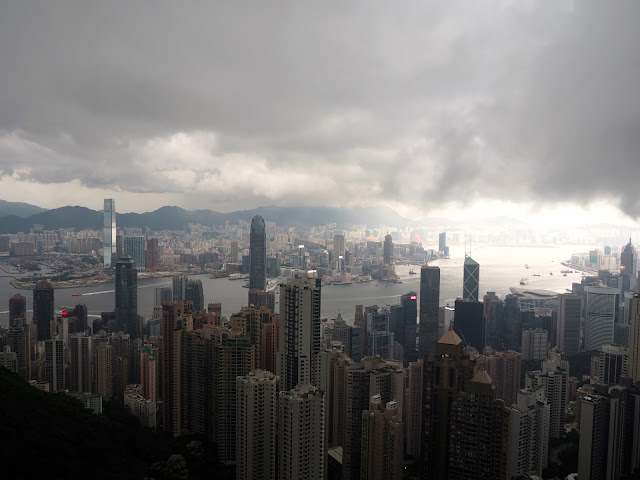 Hong Kong skyline; view of Hong Kong island, Victoria Harbour and Kowloon, taken from The Peak