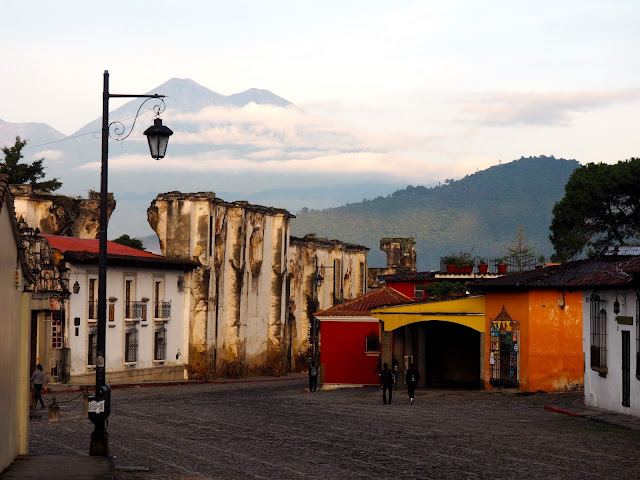 Early morning in Antigua, Guatemala, with the volcano in the background