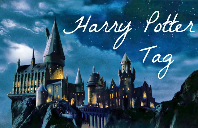 Harry Potter Tag text on Hogwarts castle image background