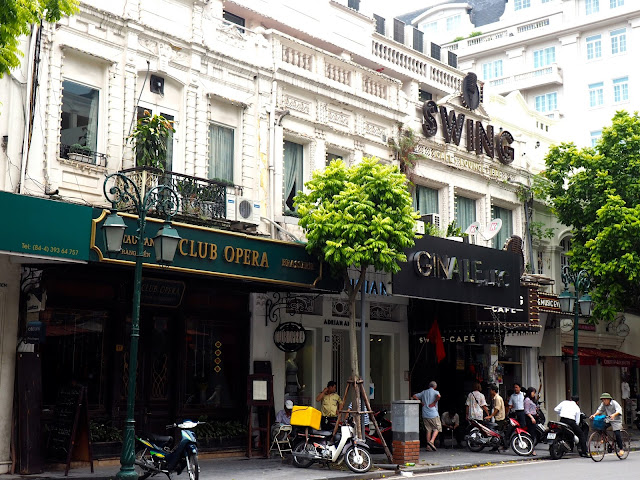 Building facades on a street of the French Quarter, Hanoi, Vietnam