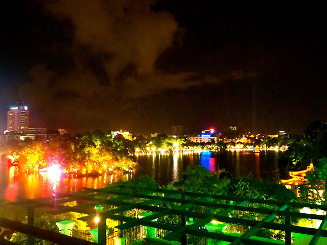 Hoan Kiem Lake from a rooftop at night, Hanoi, Vietnam
