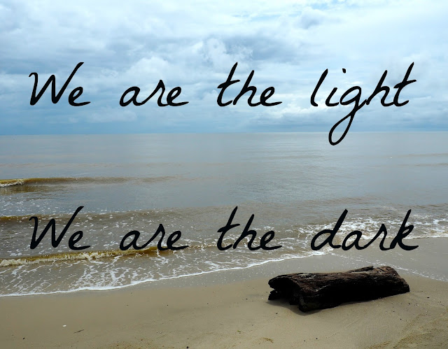 Text reading "We are the light, We are the dark" printed on an ocean/ seascape background