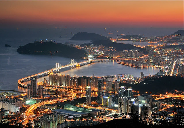 Busan city skyline and bridge at night, South Korea