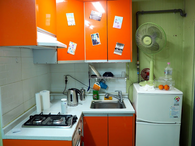 Kitchen area inside studio apartment in Busan, South Korea