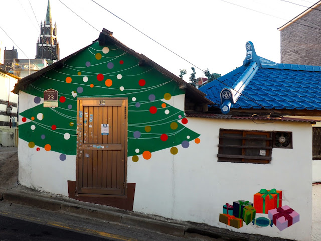 Christmas tree street art in the Ji-dong mural village in Suwon, South Korea