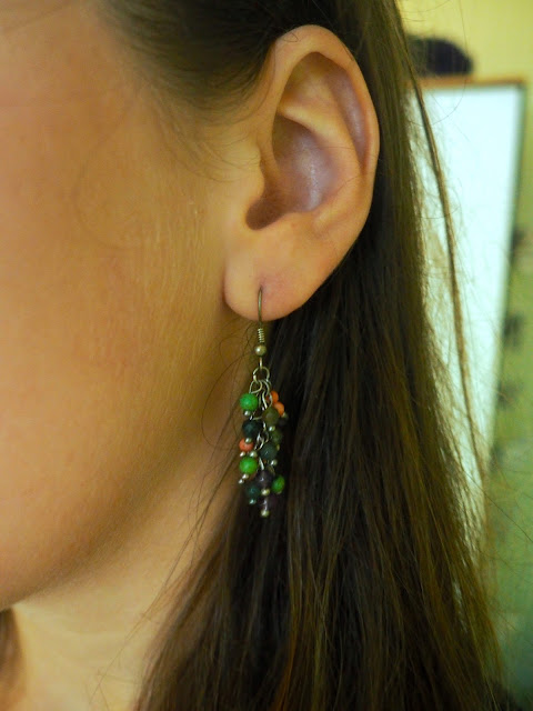 Sheer Fantasy | outfit jewellery details of green and purple beaded dangly earrings
