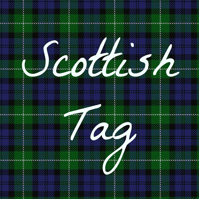 Blue and green Campbell tartan background with white text reading "Scottish tag"