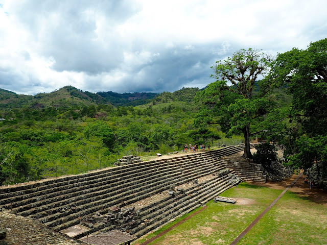Mayan temple ruins and view of the hills and forest outside Copan, Honduras