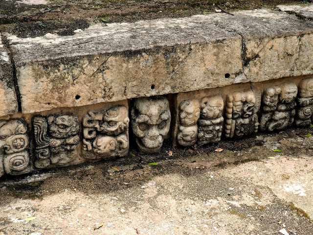 Details of stone Mayan carvings on the temple ruins outside Copan, Honduras