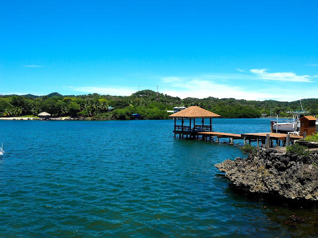 Ocean view, with wooden dock, from West End, Roatan Island, Honduras