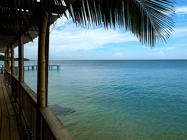 Ocean view from wooden bridge leading to West Bay Beach, Roatan Island, Honduras