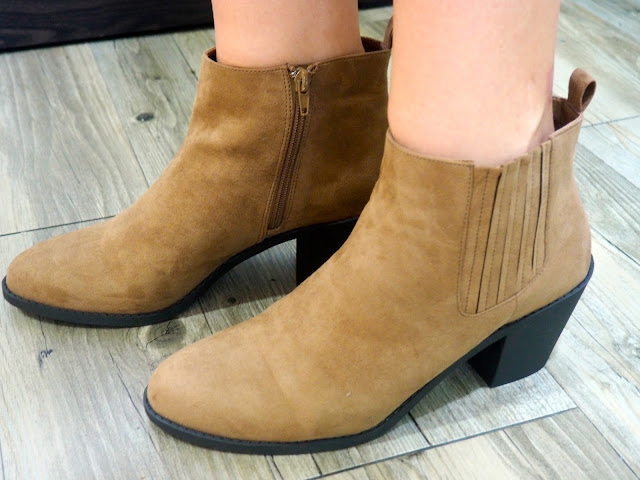 Checked Out - outfit shoe details of low heeled, suede effect, sandy brown ankle boots
