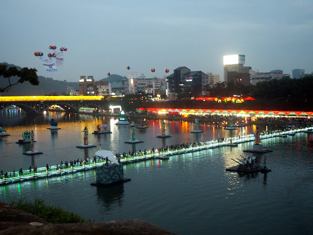 Lanterns and bridges over the river at Jinju Lantern Festival, South Korea