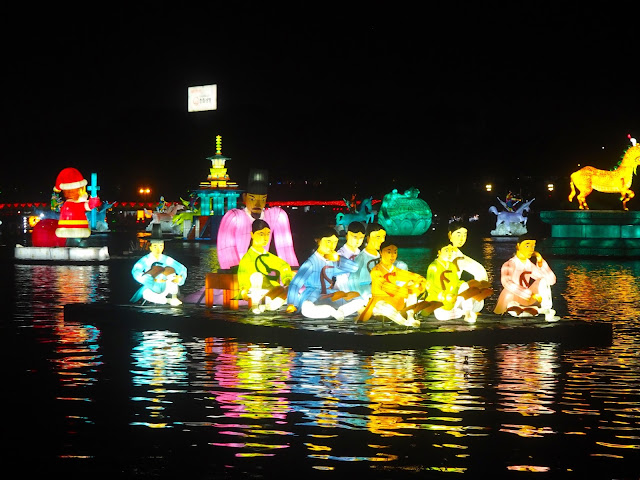 Lantern shaped like a raft of people on the river at Jinju Lantern Festival, South Korea
