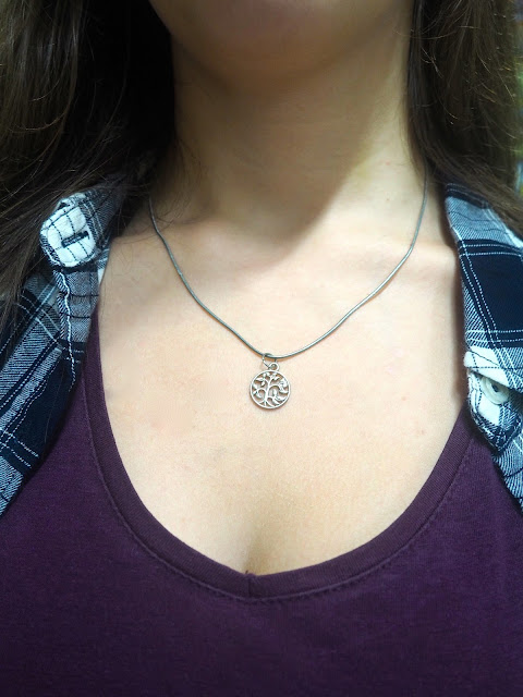 Checked Out - outfit jewellery details of small silver tree of life necklace