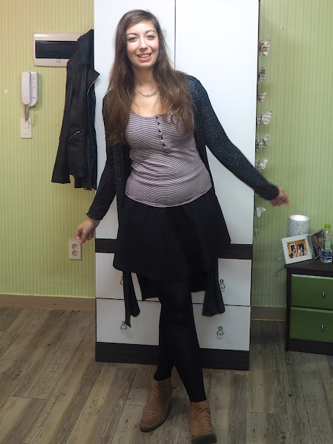New Addition | outfit of purple and white striped t-shirt, long grey cardigan, black skater skirt and brown ankle boots