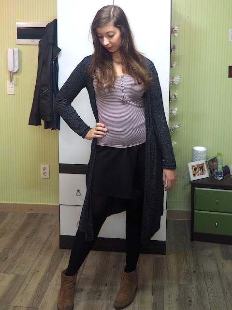 New Addition | outfit of purple and white striped t-shirt, long grey cardigan, black skater skirt and brown ankle boots