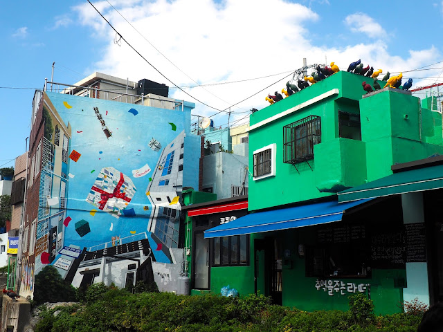 "People and Birds" art piece, and wall mural in Gamcheon Village, Busan, South Korea