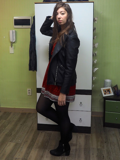 Be Bold | outfit of red patterned dress, black leather jacket, and black heeled ankle boots