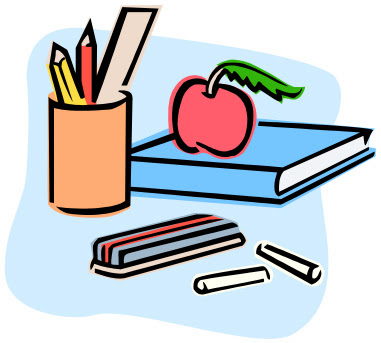Clipart of teacher supplies, including books, stationary and an apple