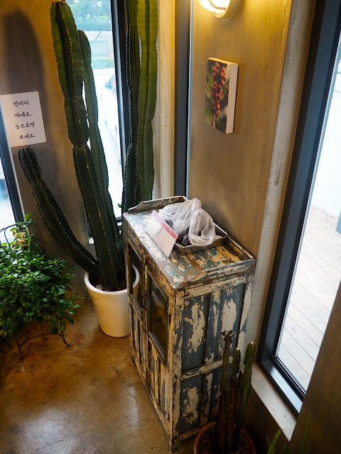 Cafe interior details - cactus plant and old, worn crate table inside Red Velvet Cafe in Myeongnyun, Busan, South Korea