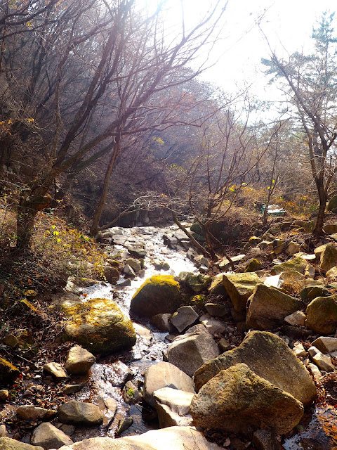 Rocky stream in the autumn forest on a hiking trail on Geumjeongsan Mountain, Busan, South Korea