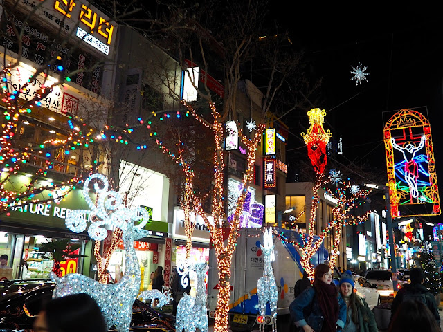 Christmas lights, with trees, reindeer and Christ, in Nampo, Busan, South Korea