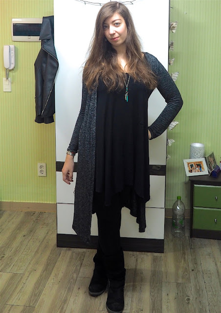 Black As Night - outfit of floaty black dress and leggings, with long grey cardigan and chunky black suede boots