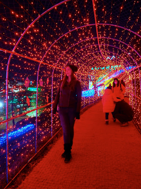 Posing for photos in the light tunnel at the Light Festival at Boseong Green Tea Plantation, South Korea