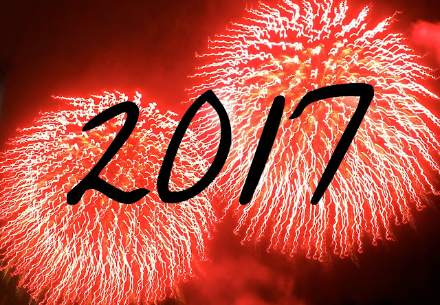 2017 text on red fireworks background