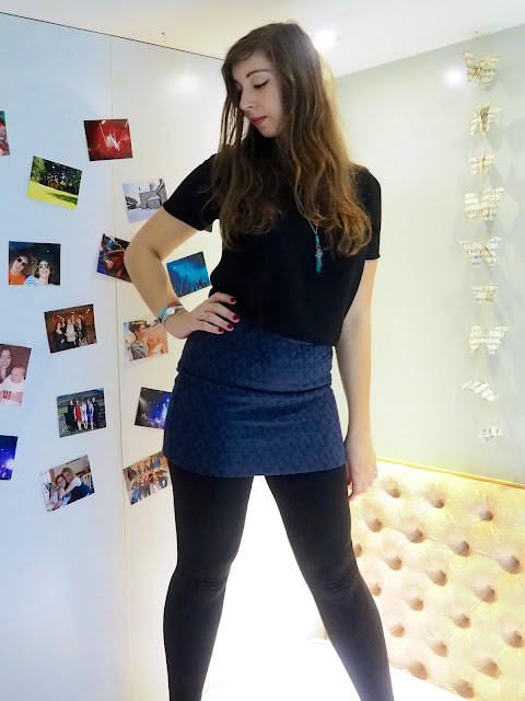 Sparkle | outfit of black top, blue sparkly skirt, black leggings & heeled ankle boots