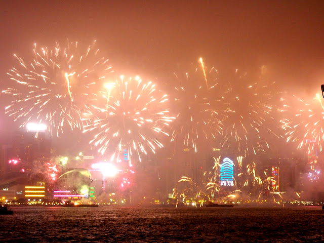 Chinese New Year fireworks over Victoria Harbour, Hong Kong, 2017