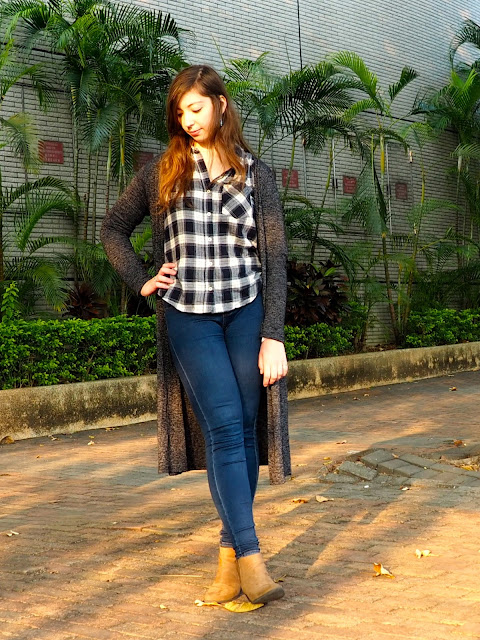 Classic Flannel | outfit of blue and white checked shirt, long grey knit cardigan, blue skinny jeans and brown heeled ankle boots