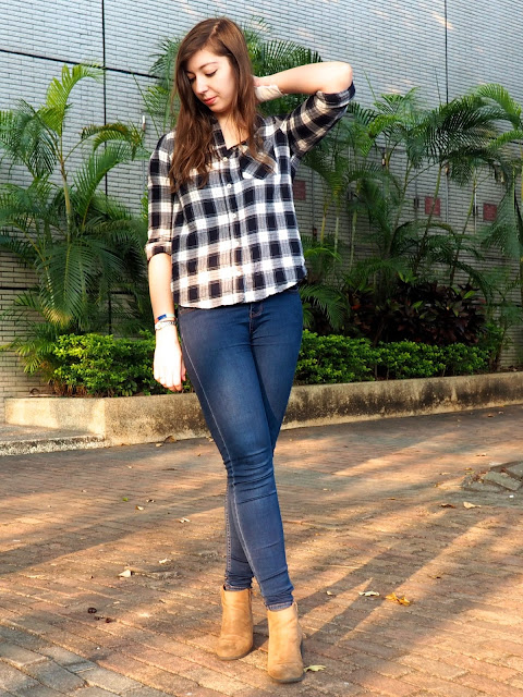 Classic Flannel | outfit of blue and white checked shirt, blue skinny jeans and brown heeled ankle boots