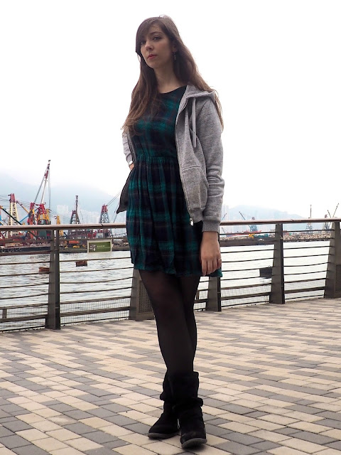 Hooded - outfit of large grey zip-up hoodie, green tartan print dress, slouch black suede boots and tights