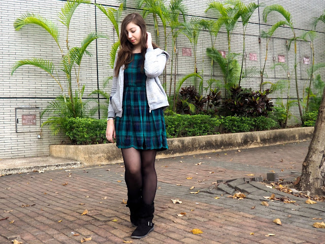 Hooded - outfit of large grey zip-up hoodie, green tartan print dress, slouch black suede boots and tights
