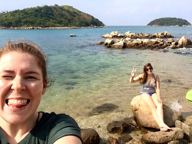 Selfie posing on the deserted island while kayaking at Hoi Ha, Sai Kung Peninsula, Hong Kong