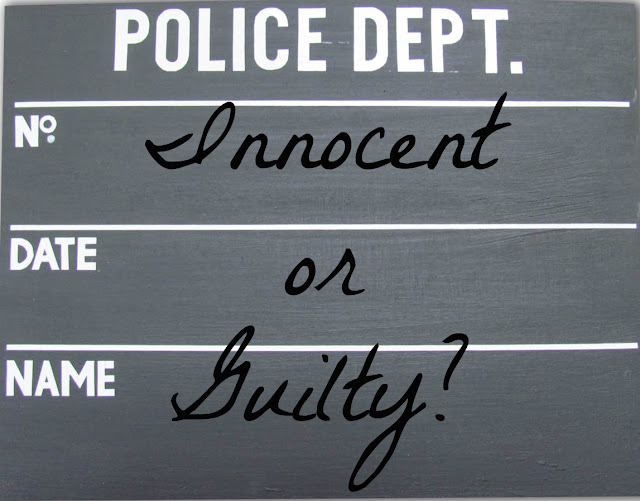 "Innocent or Guilty?" text on police mugshot board background