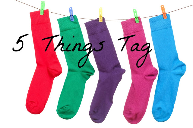 "5 Things Tag" text on background of 5 differently coloured socks on a washing line