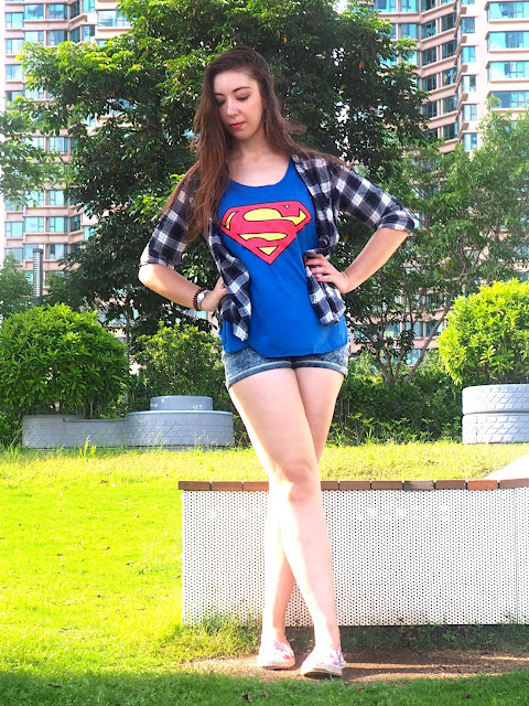 Girl of Steel | outfit of Supergirl logo top, blue checked shirt, denim shorts & flower print espadrilles