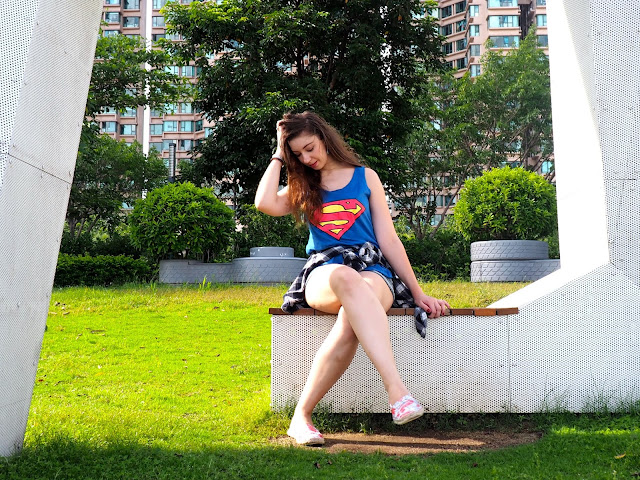 Girl of Steel | outfit of Supergirl logo top, blue checked shirt, denim shorts & flower print espadrilles