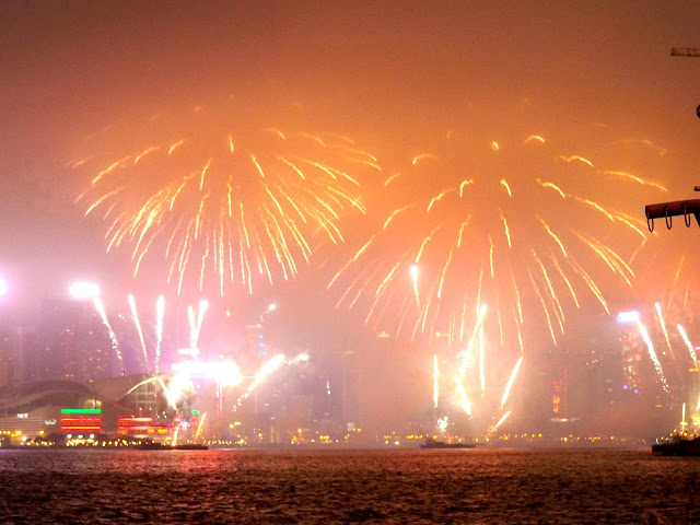 Chinese New Year fireworks over Victoria Harbour, Hong Kong