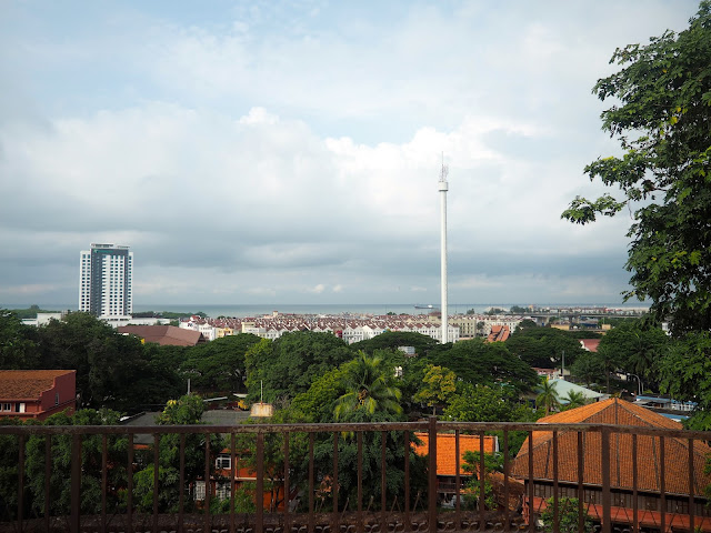 View of Taming Sari Tower from St Paul's Church hilltop in Melaka, Malaysia