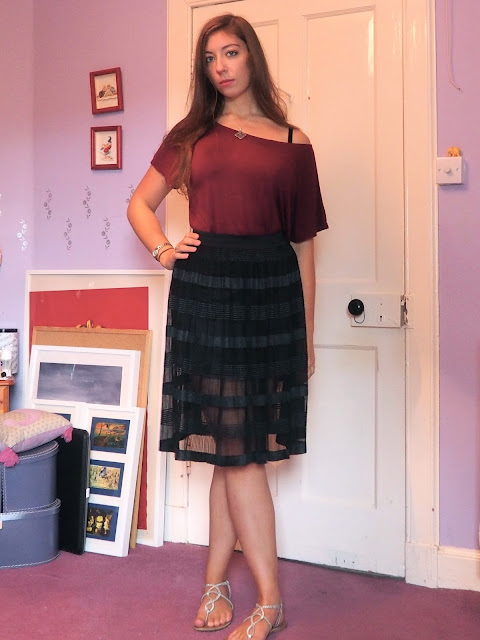 Lost Summer Nights - outfit of loose red top, sheer layered black skirt, silver sandals & jewellery