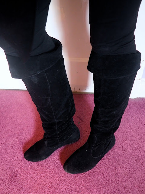 Mystical Mischief - outfit shoe details of knee high black suede boots