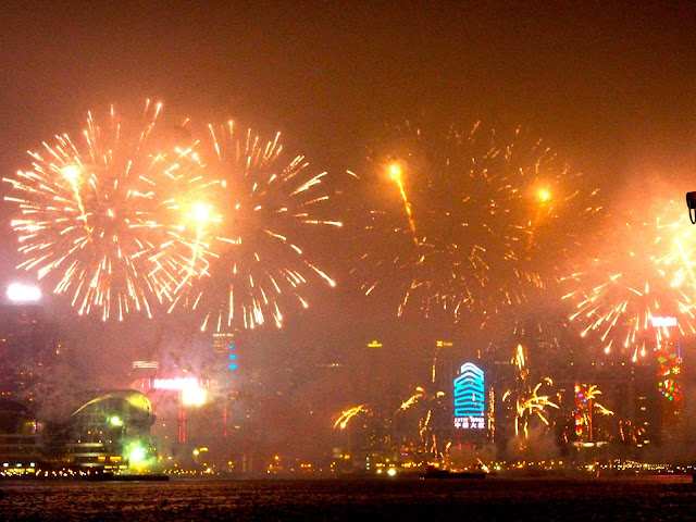 Chinese New Year fireworks viewed from Kowloon, Hong Kong