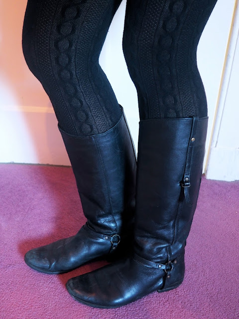 Bundled Up - outfit shoe details of tall black leather riding style boots, with black patterned woollen tights