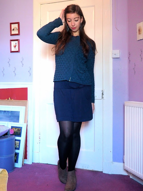 True Blue | outfit of bright blue sparkly jumper, dark blue lace dress, with black tights and brown ankle boots